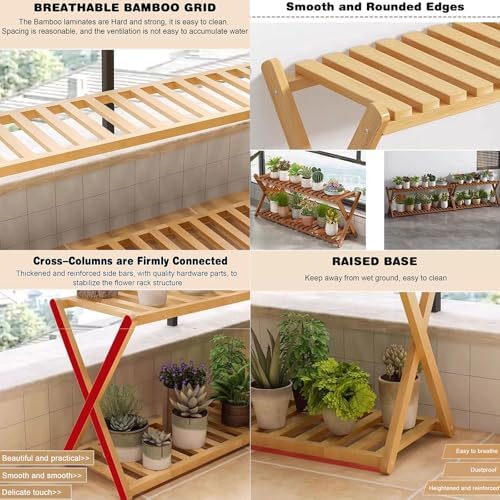 Plant Stand for Indoor Outdoor Tiered Plant Shelf 2 Tier Bamboo Flower Holder Ladder Rack for Multiple Plant Pot Stand for Living Room Balcony Garden,Walnut-39.4" L - Image 6