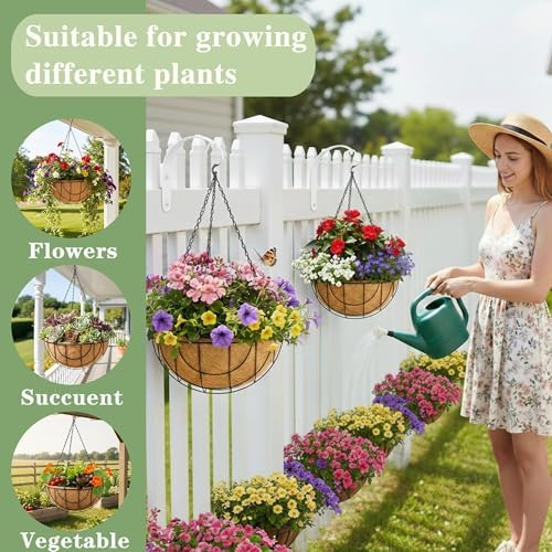 EIMQUVW Outdoor Metal Hanging Planters Basket (4pack, 14 inch) Hanging Baskets for Plants Chain Round Wire Plant Holder with Coco Fiber Liners for Garden, Patio, Deck, Porch(Grid) - Image 6