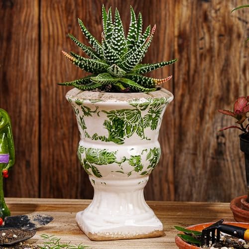 Sungmor Small Ceramic Urn Planter - Green Floral Pedestal Flower Pot - Image 5