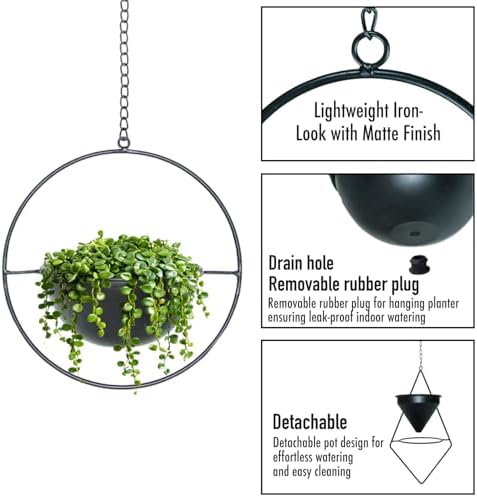Metal Hanging Planters Set of 2 Modern Indoor Plant Hanger with Round and Diamond Pots, Geometric Small Wall and Ceiling Hanging Plant Holders for Succulents and Herbs, Black Finish - Image 4