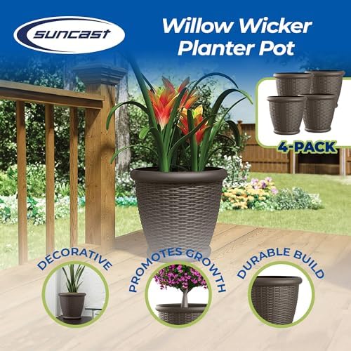 Suncast 4 Pack Wicker Planter w/ Drillable Drain Holes, Decorative Indoor/Outdoor Pot, 18in, Java - Image 2