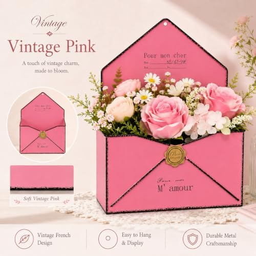 7.3 Inch Metal Envelope Wall Planter Farmhouse Decor Retro Pink - Image 2