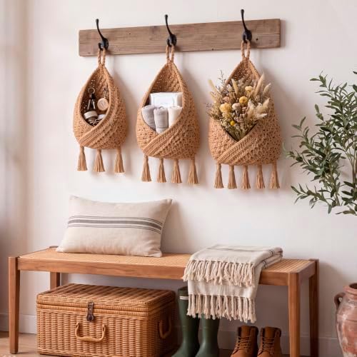 Honeydak 3 Hanging Baskets, Light Linen, Triangular Tassel, Jute - Image 6