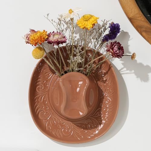 Hanging Wall Planters for Indoor Plants, Wall Vases for Flowers, Ceramic Cowboy Hat Vases for Decor, for Bathroom, Living Room, Office, and Home Decor. Brown - Image 6