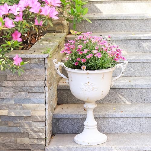 Worth Garden 21" H. Metal Urn Planters 2-Pack - White Classic Antique Iron Plant Pots - Decorative Rustic Flower Pots for Outdoor Use - Traditional Urn Planter for Garden, Patio, Front Porch - Image 4