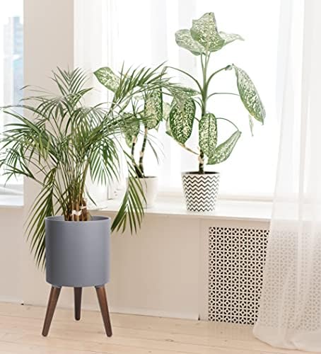 D'vine Dev 12 Inch Planter Pot with Wood Stand, Grey, 88-O-C-3 - Image 5