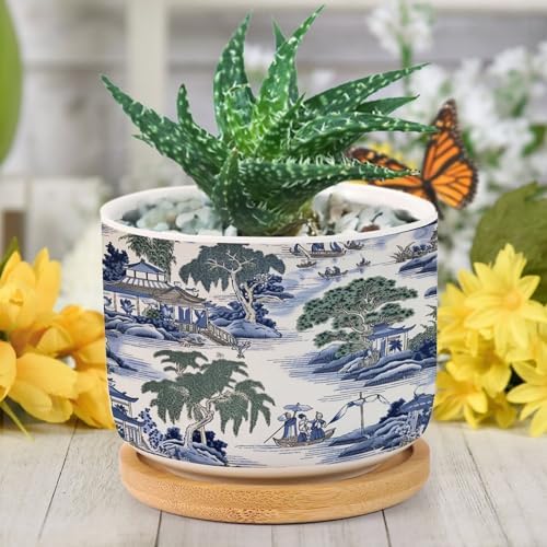 Asian Planter Ceramic Blue and Green Chinoiserie Round Plant Pots with Drainage Holes and Bamboo Tray Pot for Outdoor Garden Home Plant - Image 6