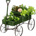 DORTALA Wood Wagon Planter, Outdoor Garden Flower Planter Cart with Wheels, Small Decorative Wood Raised Bed Plant Pot Box Stand for Backyard, Patio, Balcony, Green by DORTALA