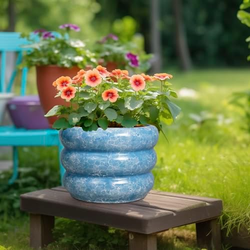 SQOWL 10 Inch Planter Pot - Ceramic Plant Pot with Drainage Hole Planter for Indoor Plants Large Flower Pot Decorative Plant Pot Outdoor Planter for Porch Decor Blue - Image 4