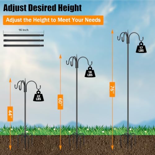 FEED GARDEN Heavy Duty Shepherds Hook 76" Triple Hooks - Metal 5-Prong Base, Adjustable (44/60/76") - 17lb Capacity Bird Feeder Pole for Hanging Plants, Solar Lanterns, Wind Chimes, 1 Pack - Image 4