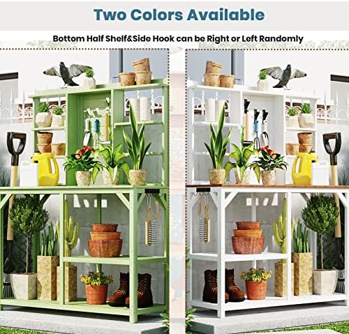 Outdoor Garden Potting Bench Table with 6-Tier Storage Shelves and Side Hook, 64.6" Large Wooden Patio Work Station, Potting Benches for Outside, Mudroom Backyard Work Bench Table (White) - Image 7