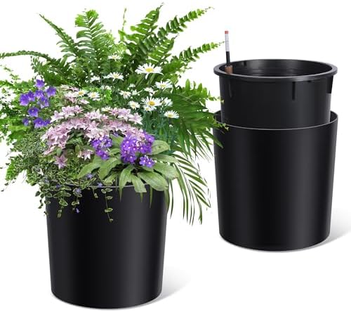 Takywep Set of 2 Large Round Planters – 19.5" Tall Self Watering Plant Pots with Drainage & Water Level Indicator, Indoor Outdoor Planters with Wheels-Black by HOME