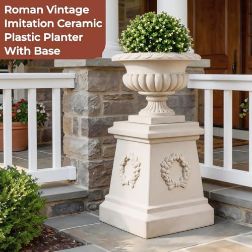 20" H Large Plastic Roman Urn Planter with 28" Tall Decorative Pedestal - Image 2