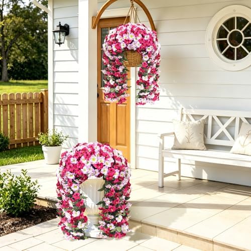 Artificial Hanging Flowers for Outdoors, 4 PCS 544 Blooms UV Resistant Morning Glory Faux Silk Vines, No-Odor Realistic Fake Plants for Garden Planter Porch Patio Decoration, Fuchsia Pink - Image 6