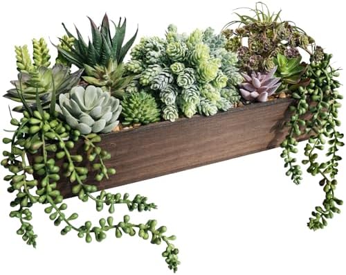 Winlyn Artificial Succulent Arrangement 15" Assorted Succulents Plants in Brown Rectangular Wooden Box Faux Potted Succulents Plant for Farmhouse Home Table Centerpiece Mantel Shelf Kitchen Décor by Winlyn