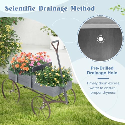 DORTALA Wood Wagon Planter, Outdoor Garden Flower Planter Cart with Wheels, Small Decorative Wood Raised Bed Plant Pot Box Stand for Backyard, Patio, Balcony, Grey - Image 4