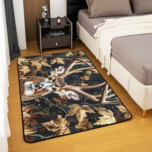 Erosebridal Deer Antler Hunting Area Rug 6'6" x 4'11" Autumn Maple Leaves Living Room Rugs Wild Animal Deerskin Farmhouse Decorative Carpet Yellow White Elk Indoor Floor Mat - Image 3