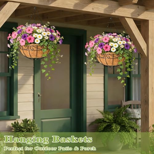 4 Pack 14 Inch Hanging Baskets for Plants Outdoor Metal Hanging Planter Hanging Flower Baskets with Coco Fiber Liners Chain Round Wire Plant Holder Hangings Flower Pots(Plaid) - Image 7