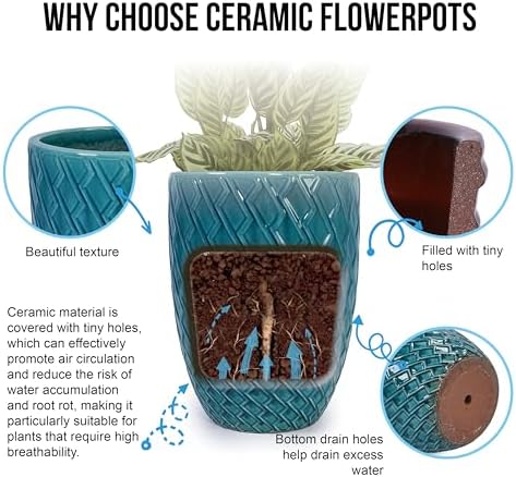 Hand Glazed Ceramic Plant Container Modern Decorative Pot Planter Drainage Hole Thick Earthenware Vessel Breathable Clay Porous Walls Weighty Stable Base Root Succulents Herbs Palms (Cyan) - Image 4
