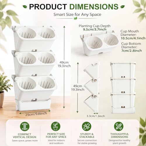 Briwooody 3 Set 6 Pocket Vertical Stackable Wall Planters Kit Outdoor Self Watering Plastic Planter Grow Hang Mount System for Strawberry Flower Vegetable Home Fence Balcony Wall Decor - Image 2
