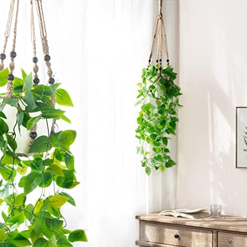 Mkono 2 Packs Fake Hanging Plant with Pot and Ceiling Hooks, Macrame Plant Hanger with Faux Vine Hanging Planter Greenery - Image 2