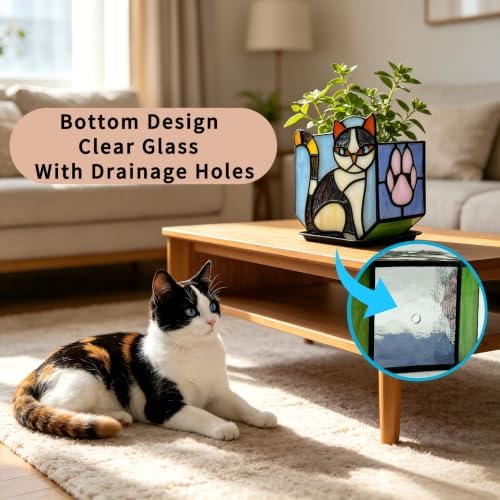 Handmade Stained Glass Indoor Plant Pot,Flower Pots with Drainage Holes,Black Orange Cat Planter Pot, Cute Succulent Pots,Plant Lover Gifts for Women (with a Gift Box) - Image 3