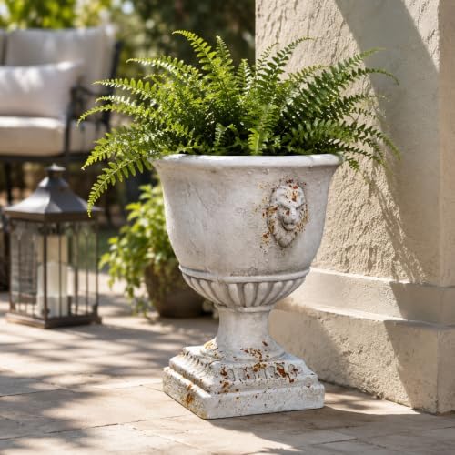 16.5 Inch Tall Antique White Urn Planter with Drainage, Vintage Rustic Outdoor Flower Pot, Pedestal Floor Planter for Patio, Front Porch, Garden, Entryway and Indoor Decor - Image 6