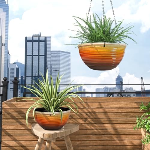 2 Pack 10 Inch Glazed Hanging Planters for Indoor Outdoor Plants, Orange - Image 7