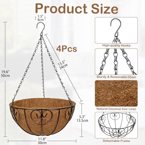 12 inch Metal Hanging Baskets for Plants Outdoor, 4 Pack Metal Wire Hanging Basket Planter with Coco Liner Flower Pots for Indoor Outdoor Garden Porch Patio, Heart-Shaped - Image 3
