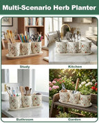 vensovo Ceramic Planter Set with Tray, 3 Small Herb Pots, Green Leaf - Image 5