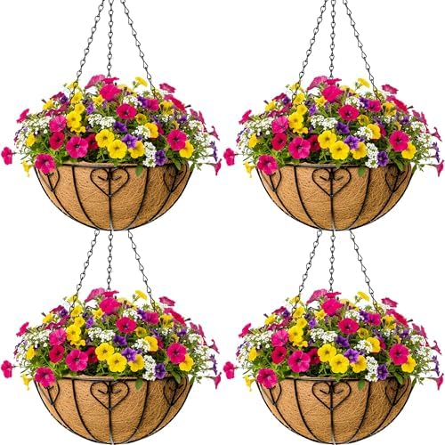 4pcs 16 inch Metal Hanging Baskets Round Wire Plant Stand with Coco Lining Cushion Decorative Planter Hanger Garden Indoor Outdoor Watering Hanging Basket （AX） by SMYAXUNW