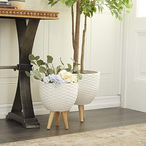 Deco 79 Ceramic Geometric Indoor Outdoor Planter Diamond Patterned Large Planter Pot with Wood Tripod Legs, Set of 2 Planters 16", 14"H, White - Image 2