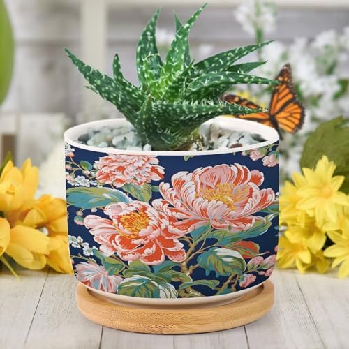 Bright and Chinoiserie Ceramic Planter Coral Peony Floral Flower Pots for Indoor Plants with Drainage Holes and Saucers Pot for Outdoor Garden Home Plant - Image 6
