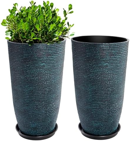 QCQHDU Set of 2 Large Tall Blue Planters with Saucer - 9 Gallon 12" Diameter x 21" H Faux Stone Round Pots for Indoor Plants, Outdoor Patio & Porch Decor, Heavy Duty Weatherproof Plant Containers by QCQHDU