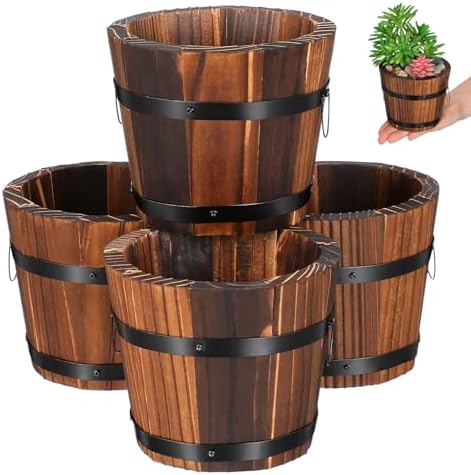 Kisangel 4pcs Small Wood Whiskey Barrel Planter Pots for Outdoor Garden, Rustic Carbonized Wood Flower Containers, Suitable for Vegetable and Succulent Planting by Kisangel
