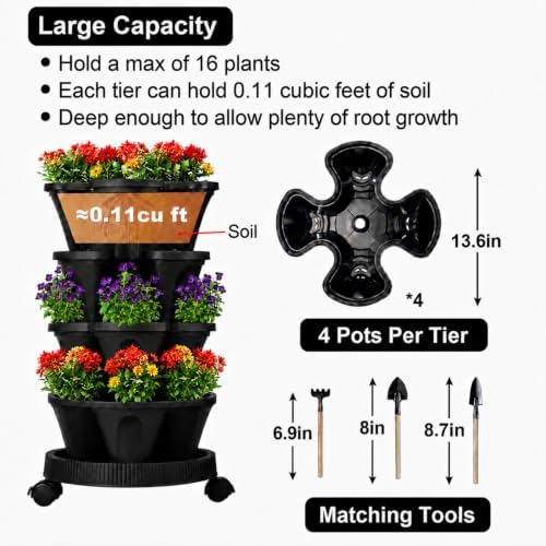 GameXcel Vertical Planter Tower - 4 Tier Stackable Garden Planters with Wheels and Tools Plant Pots for Strawberry Herb Flower and Vegetable Indoor Outdoor Use Black - Image 4