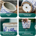 Vintage Ceramic Planter with Drainage Hole, Plastic Tray & Mesh, 6.5 Inch - Indoor/Outdoor Flower Pot, Blue Floral Rustic Farmhouse Design Plant pot for Home, Office & Garden Décor, Ideal Gift - Image 6