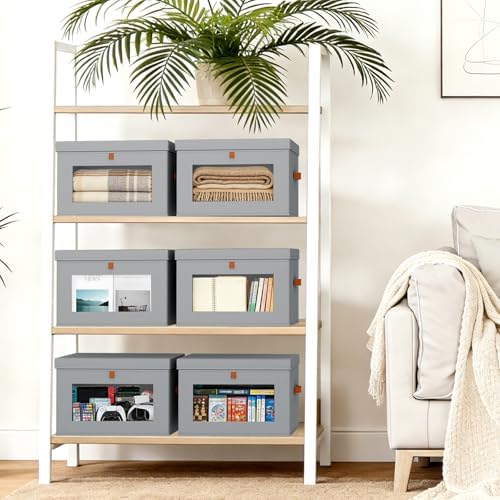 DIMJ Storage Bins with Lids - 5 Pack Large Fabric Closet Organizer with Window & Handles, Collapsible Decorative Storage Boxes for Shelves Under Bed, Books Clothes Blankets Sweaters Organization - Image 5