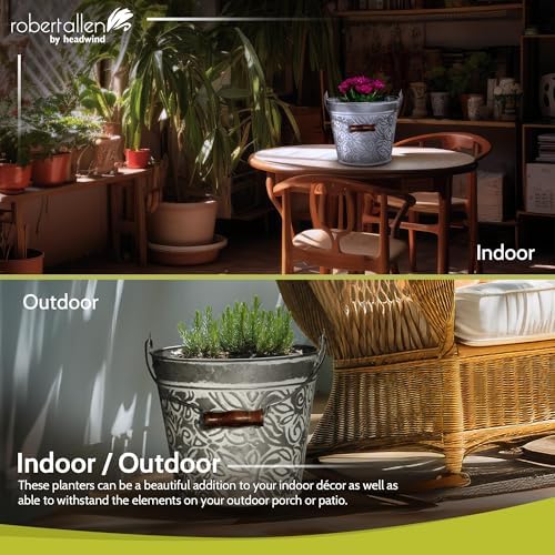 Headwind Vintage Collection - Floral Galvanized White Wash Planter with Handles – Metal Flower Pot & Decorative Bucket Planter, Rustic Metal Outdoor Planter with Drainage Hole for Indoor Plants & Outd - Image 6
