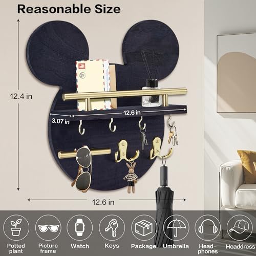 AIRPOP Key Holder for Wall–Mouse Wooden Mail Organizer Wall Mount with Shelf and 6 Hooks, Easy Installation Key Rack Hanger for Entryway Living Room Home Decor (Black) - Image 2