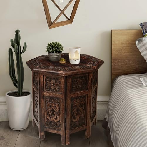 End Tables for Living Room– Hand Carved Vintage Boho Folding Side Tables for Small Spaces, Entryway, Living Room, Bedroom – No Tools Assembly, 18"x18" Octagon, Scorch Burnt Finish - Image 5