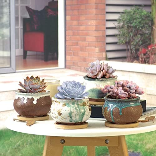 Succulent Pot 4 Inch Hand Glazed Plant Pot Round Ceramic Succulent Planter with Drainage and Saucer Cactus Clay Pot Set of 4 - Image 5