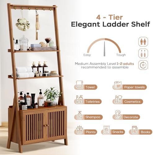 Bookcase with Drawers, Ladder Shelf 4-Tier Bamboo Bookshelf with 6 Hooks - Image 5