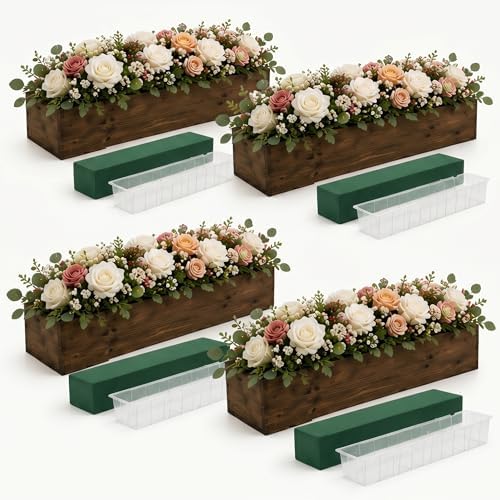 Dandat 4 Set Wood Boxes for Centerpieces 16x4 Inch Rectangle Wooden Planter Box Rustic Wooden Planters with Removable Plastic Liner Floral Foam Blocks for Christmas Wedding Home Garden Decor(Brown) by Dandat