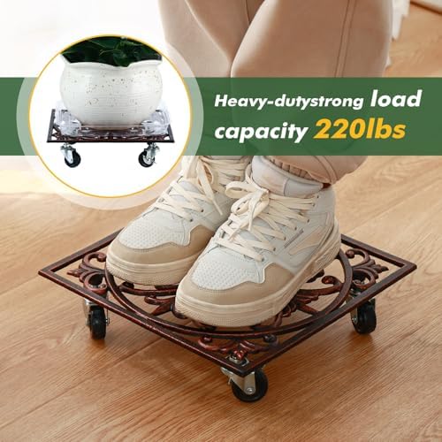 2 Packs 11.8" Square Metal Plant Caddy with Wheels Large Heavy-Duty Cast Iron Planter Dolly Pot Mover, Indoor Outdoor Vintage Rolling Plant Stands with Casters Wheeled Plant Roller Base, Bronze red - Image 6