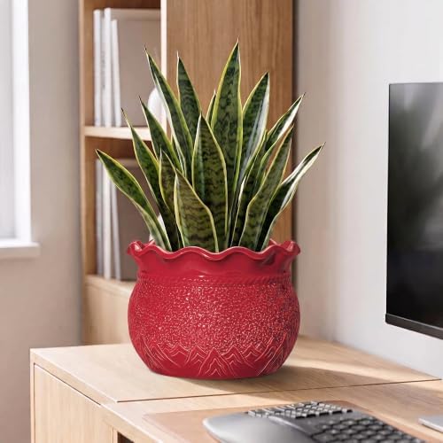 10 Inch Flower Pots, Ceramic Pots for Indoor Plants, Red - Image 5