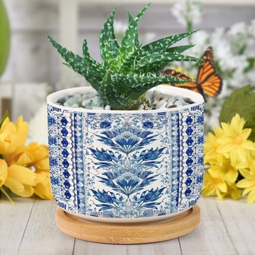 French Cairo Blue and White Ceramic Planters Chinoiserie Floral Planters for Indoor Plants with Drainage Holes and Saucers Pot for Home Office Desk Garden - Image 6