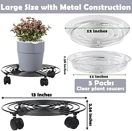 5 Packs Large Metal Plant Caddy with Wheels 13" Heavy-duty Iron Rolling Plant Stands with Casters Plant Dolly Plant Roller Base for Indoor and Outdoor Plant Pot Movers Saucers Black - Image 4