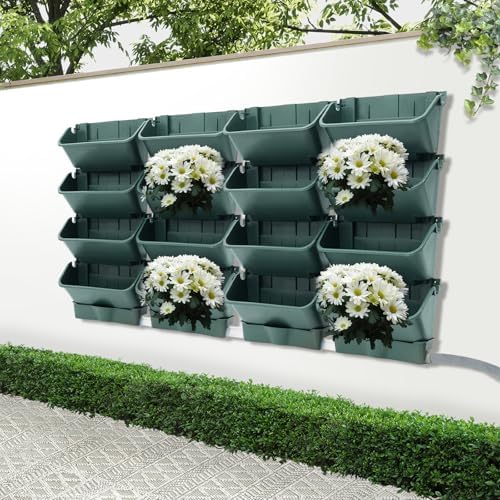 Wall-Mounted Vertical Garden Planter Set – 24 Self-Watering Planters with Drainage Pipe, Stackable Wall Planters for Indoor & Outdoor Use (Green, 16PCS) - Image 3