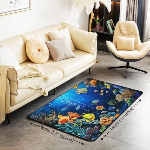 Erosebridal Ocean Fish Area Rug 4'11" x 3'3" Marine Living Room Rugs Cartoon Sealife Underwater World Decorative Carpet Cute Creature Coral Tropical Fish Indoor Floor Mat - Image 2